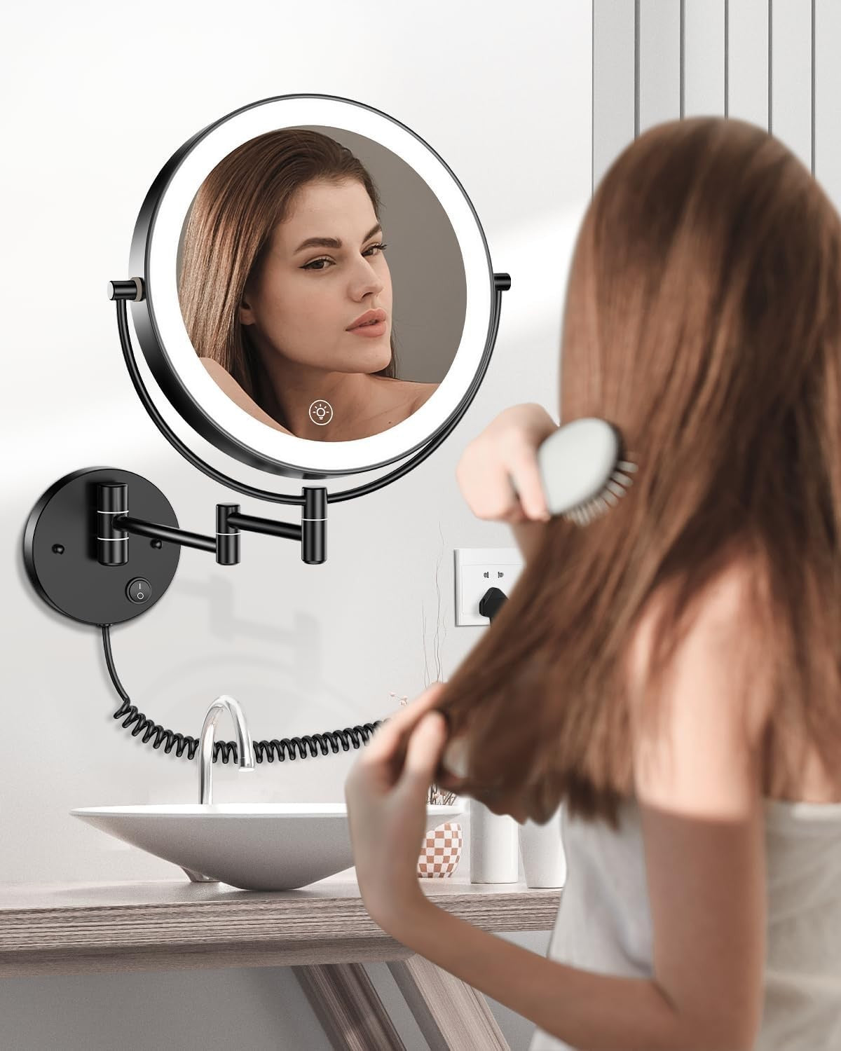 Wall Mounted Lighted Makeup Mirror 9" LED 1X/10X Magnification Touch Sensor