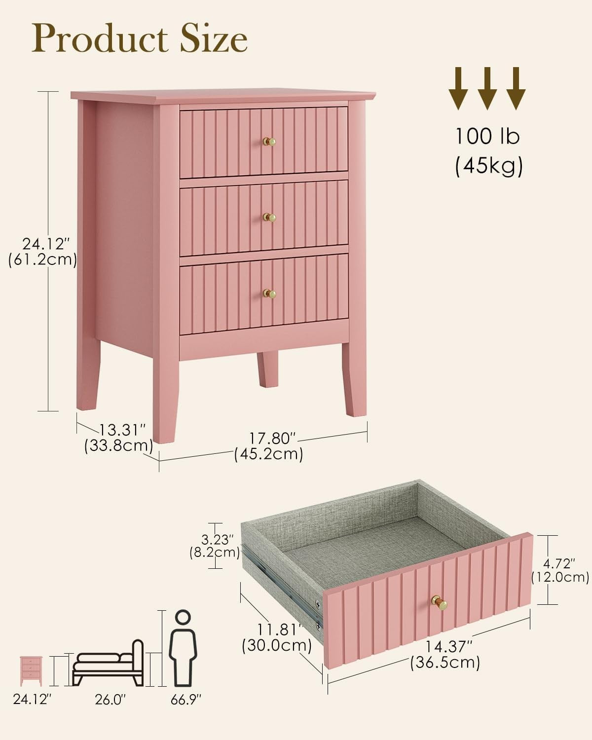 Modern Pink Bedside Table with 3 Drawers Wooden Nightstand Bedroom Storage