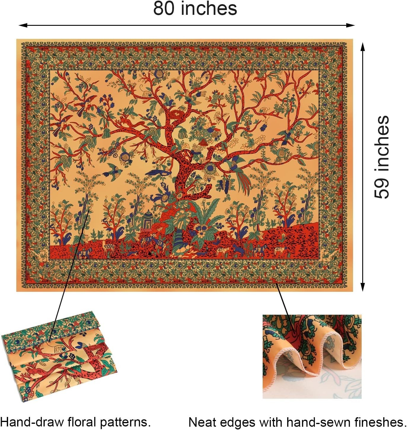 Tree of Life Tapestry Boho Wall Hanging HD Print Large Decor Yellow