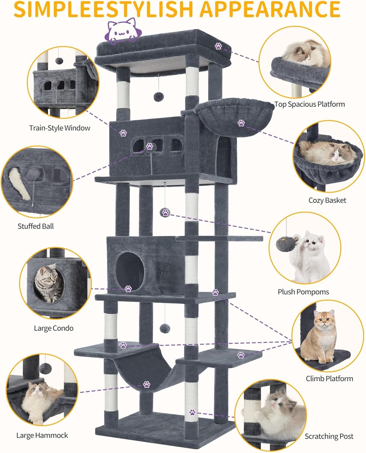 210cm Tall Cat Tree Tower Multi-Level Scratching Posts Condos Large Cats
