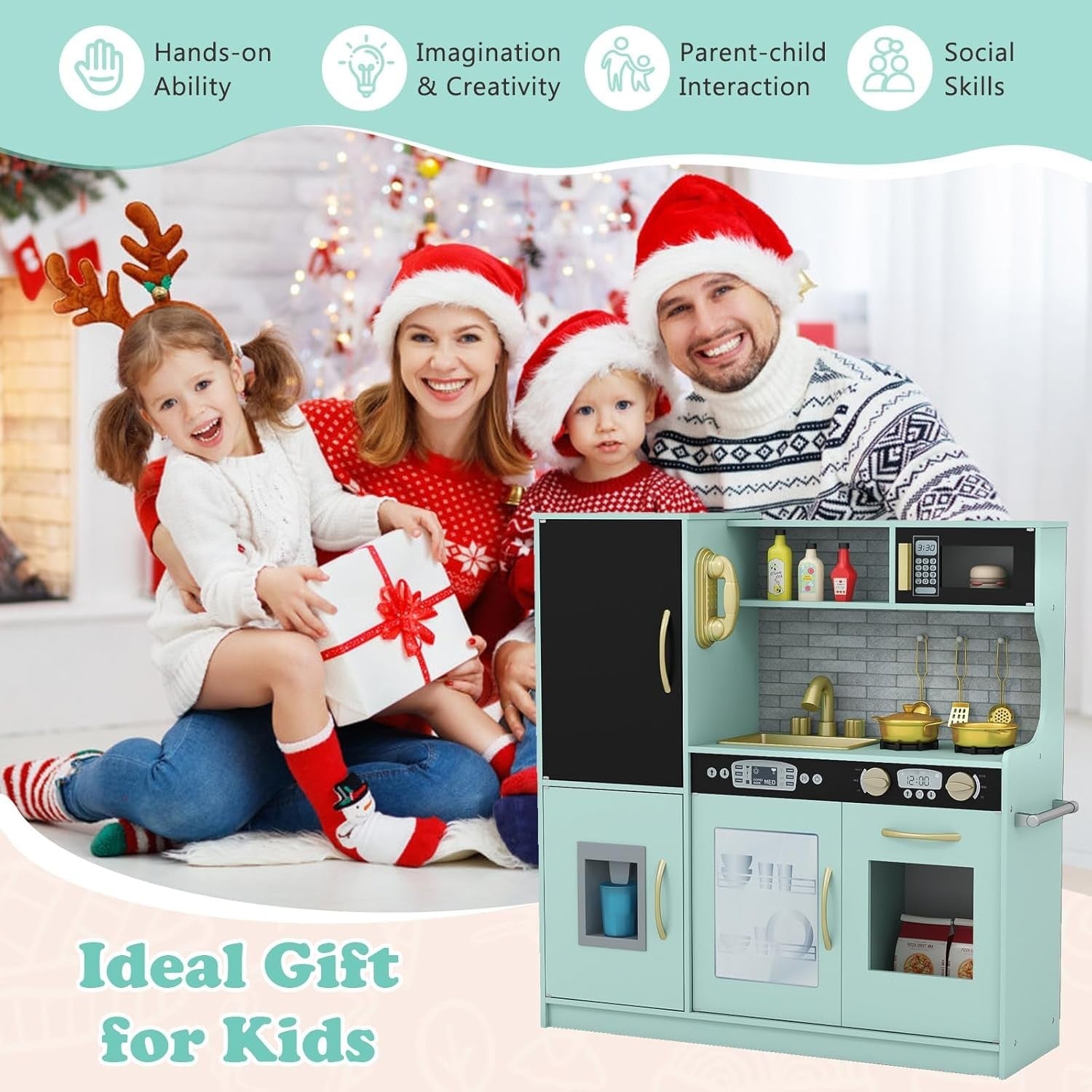Kids Wooden Play Kitchen Blackboard Ice Maker Microwave Green Toy