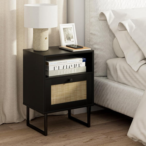 Modern Black Rattan Bedside Table with Drawer & Shelf Metal Frame Nightstand