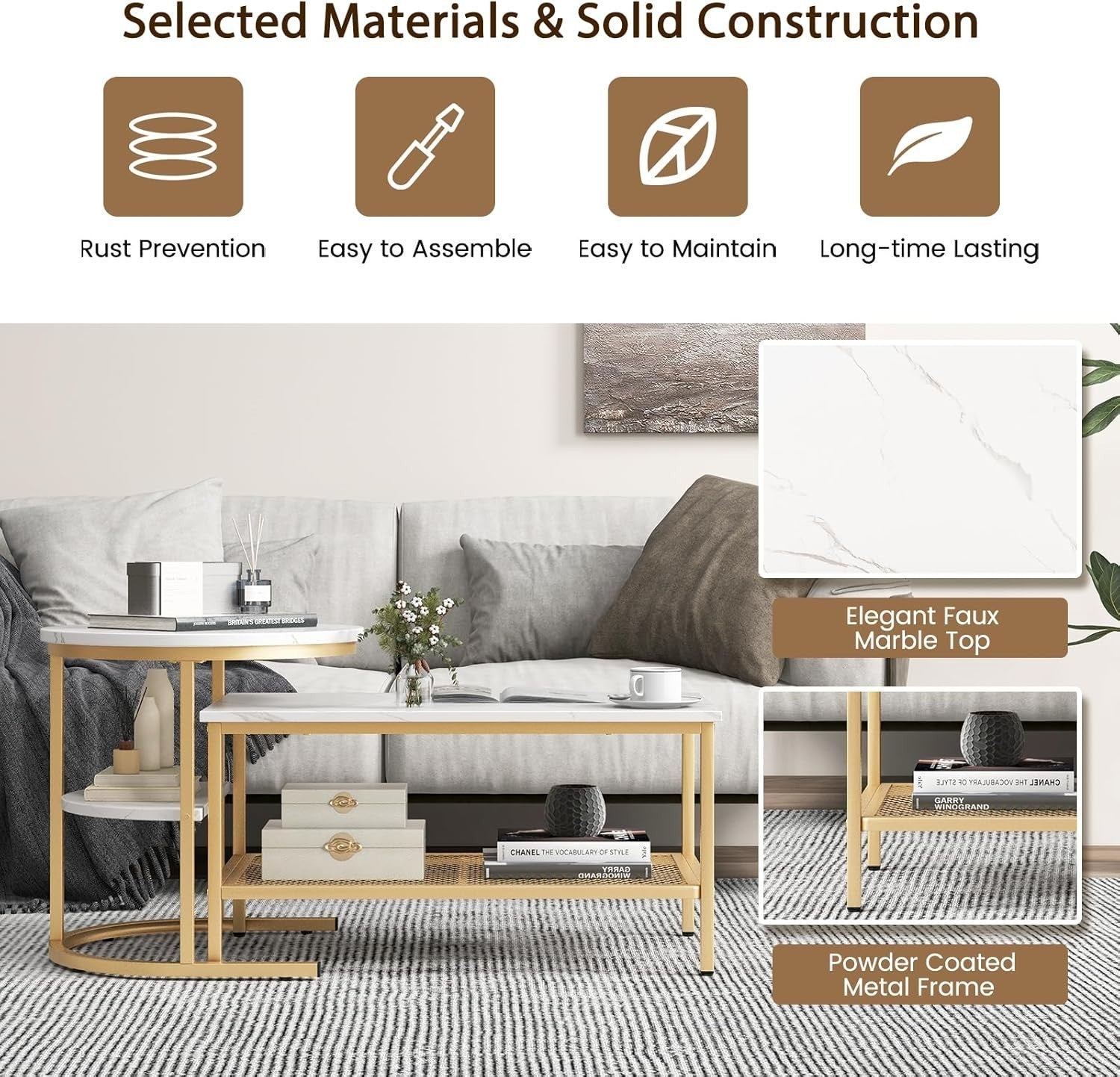 2-in-1 Coffee Table Set Storage Side Sofa Table Adjustable Height Gold White