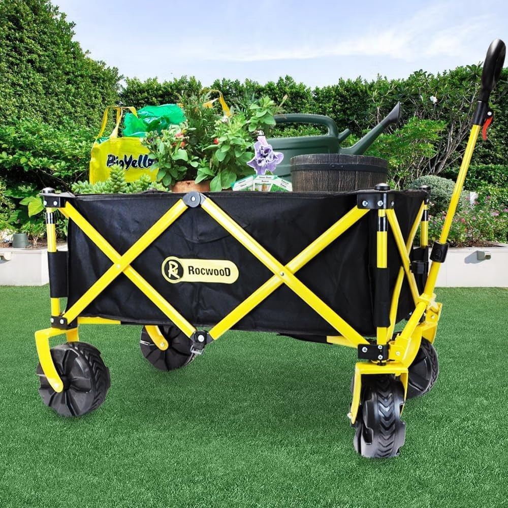 Heavy Duty Foldable Garden Trolley Cart 200kg Wagon All Terrain Wheels Yellow