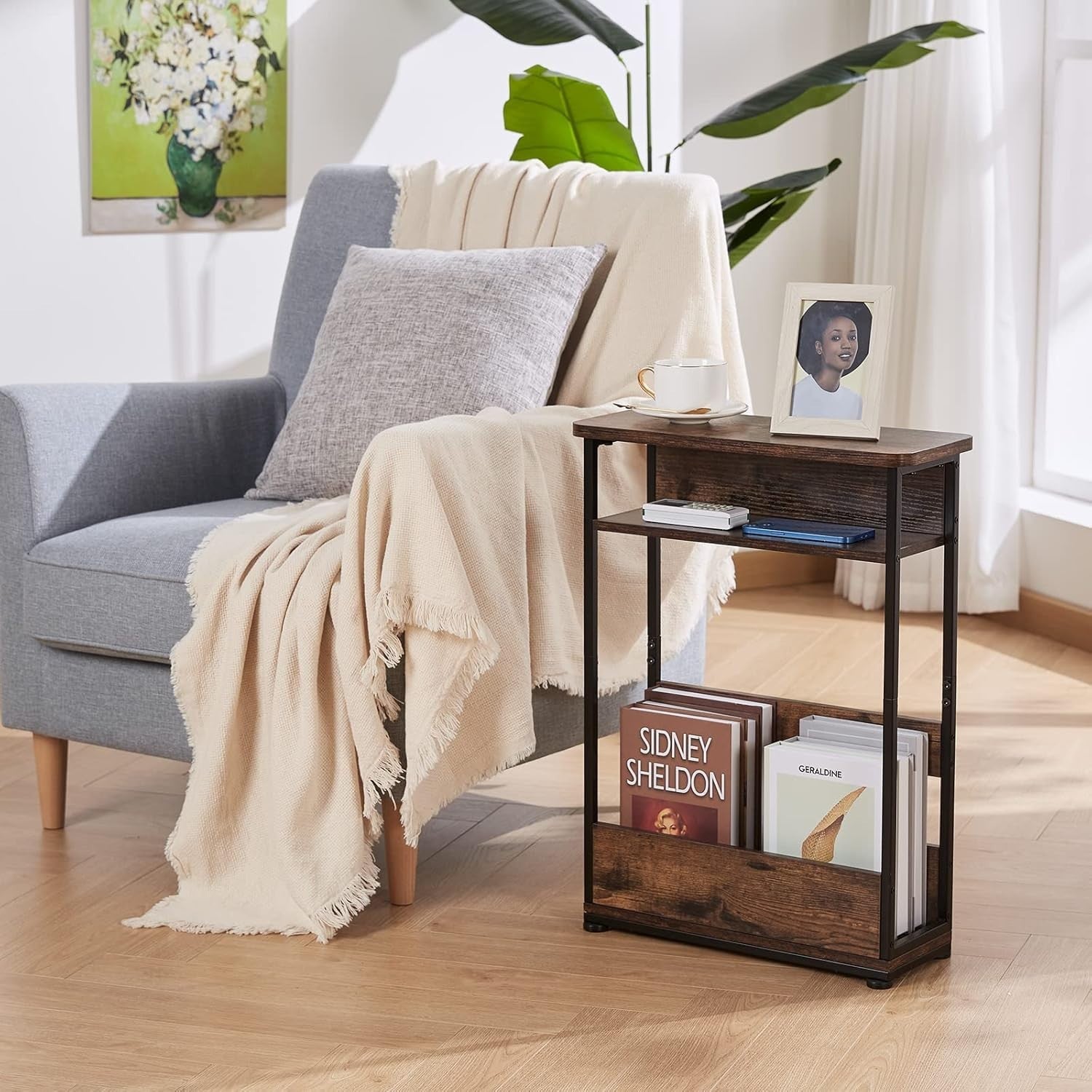 Narrow Side Table with Storage Shelf, 3-Tier Slim Nightstand for Small Spaces, 4