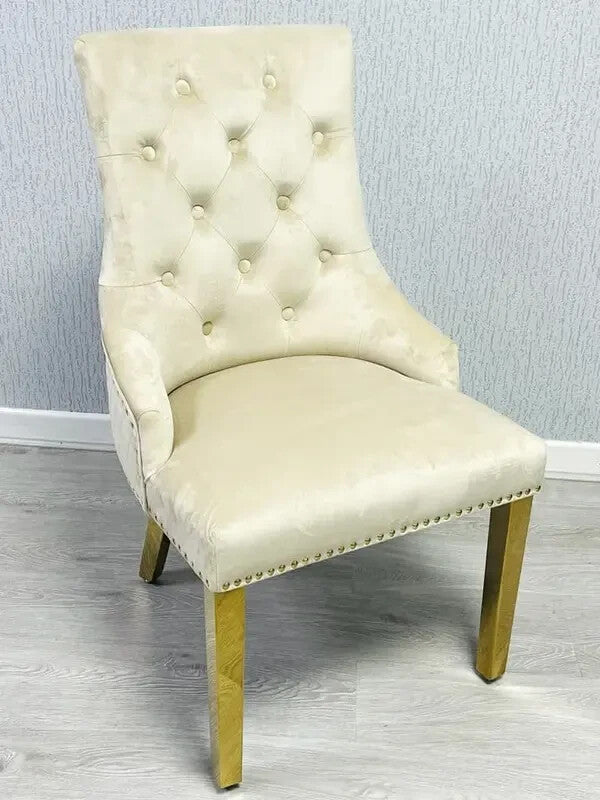 2x Mink Velvet Dining Chairs Gold Legs Ring Knocker Back Tufted Set