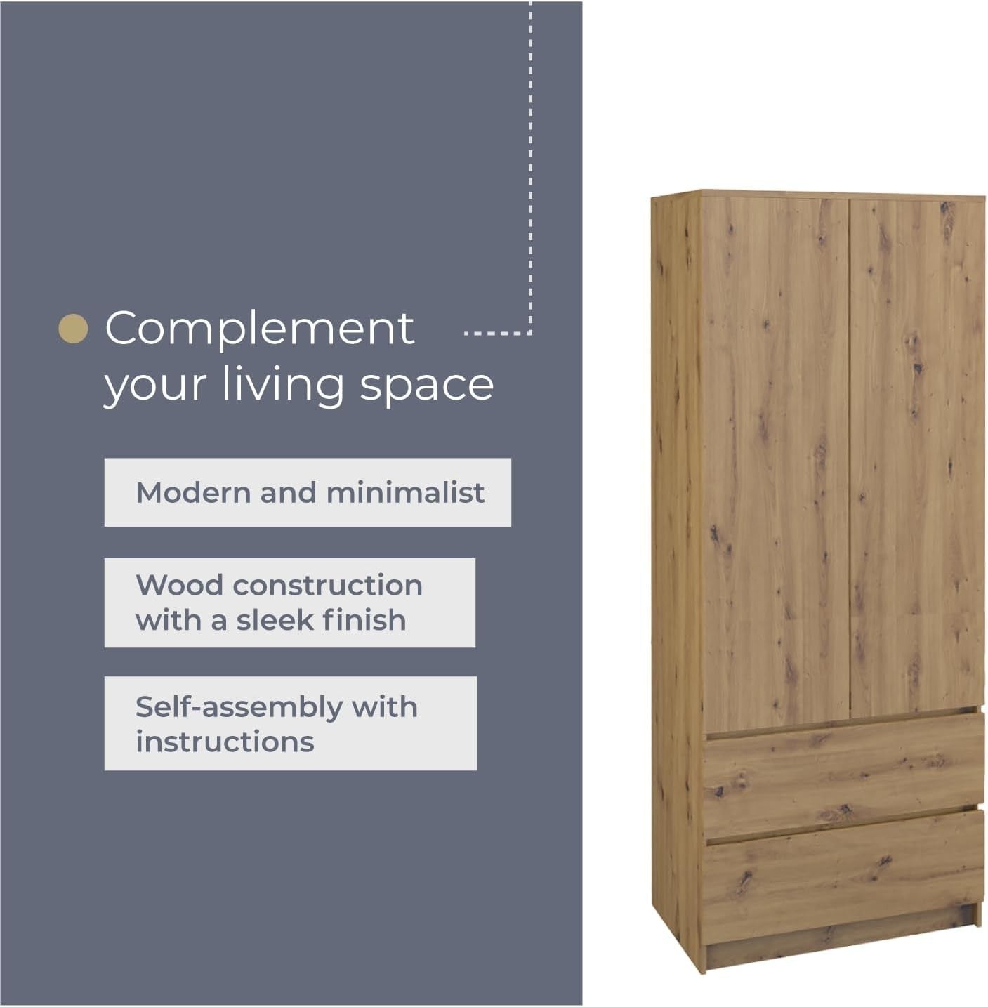 Large Rustic Double Wardrobe with Drawers & Hanging Rail - Bedroom Storage