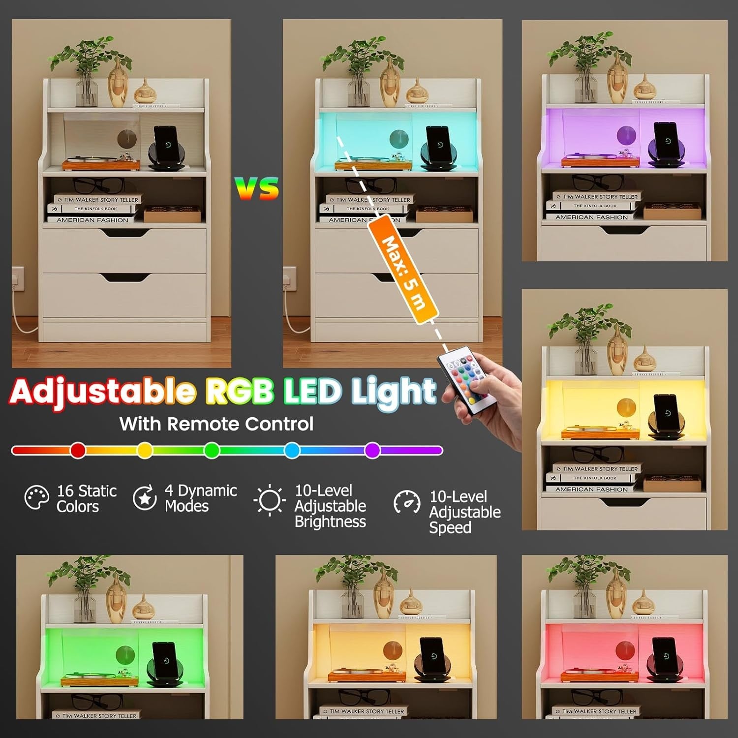White LED Bedside Table with Charging Station, Drawers & RGB Storage Shelf