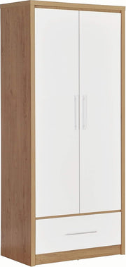 White Gloss 2 Door Wardrobe with Drawer Oak Effect – Lockable Storage Unit