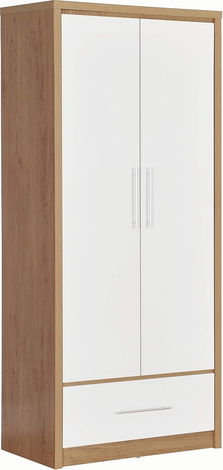 White Gloss 2 Door Wardrobe with Drawer Oak Effect – Lockable Storage Unit