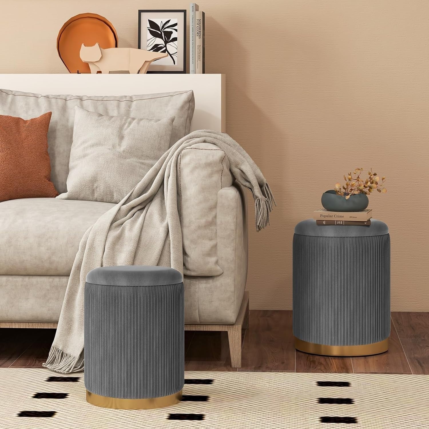 Grey Velvet Nesting Footstools Set of 2 Storage Ottomans Round Gold Base