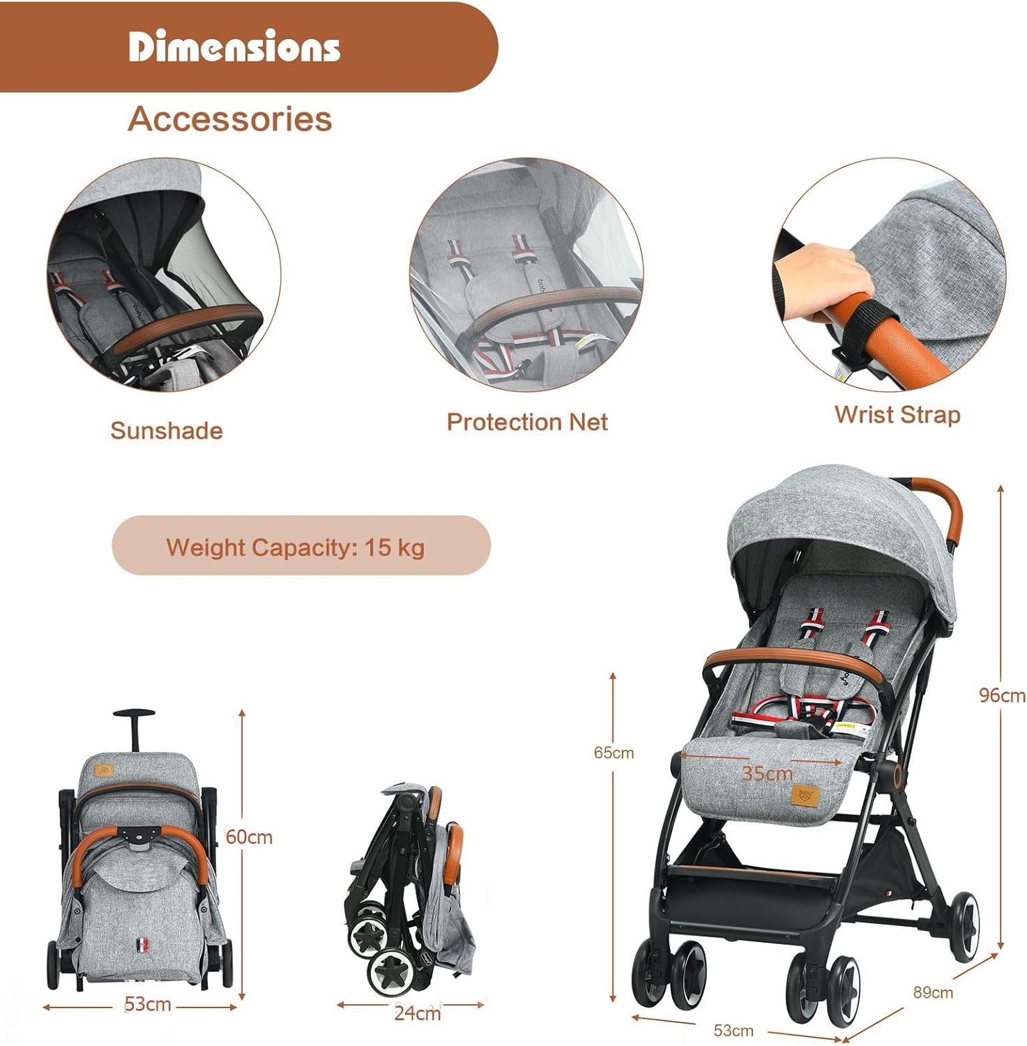 Grey Lightweight Baby Stroller One Hand Fold Travel Buggy 5 Point