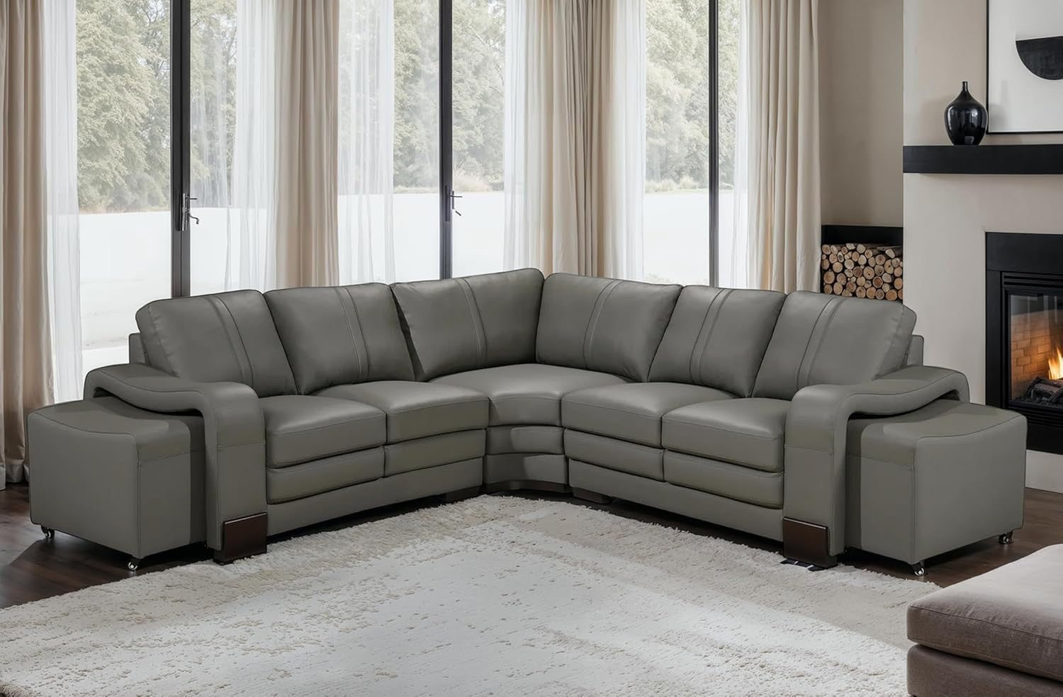 Genuine Leather 5 Seater Grey Corner Sofa with Ottomans – Durable & Spacious