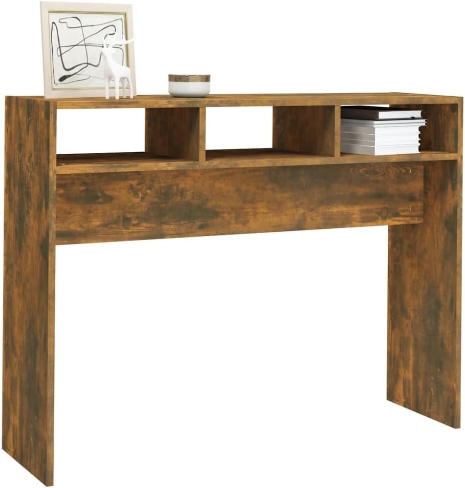 Smoked  Modern Console Table with Storage Shelves - Compact, Stylish Home Desk