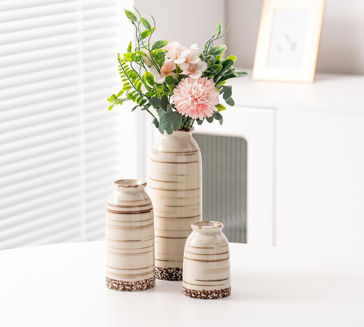Beige Ceramic Vase Set of 3 Farmhouse Pampas Grass Vases Home Decor