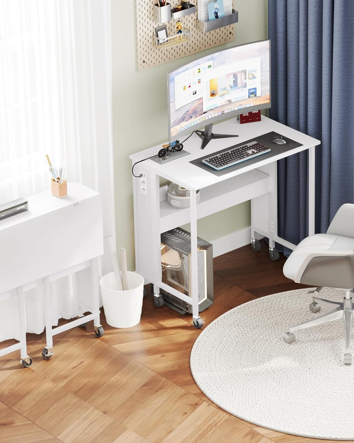 White Folding Computer Desk with Charging Ports & Wheels 80x50cm