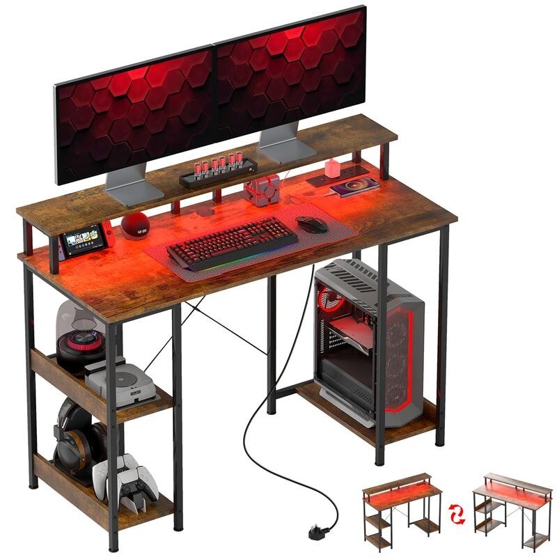 Gaming Desk 120cm w/ LED Lights, USB Charging, Monitor Stand, Shelves