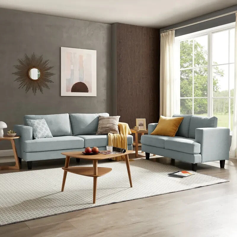 Pale Blue 3 Seater Linen Sofa Modern Fabric Couch with Cushions & Arms