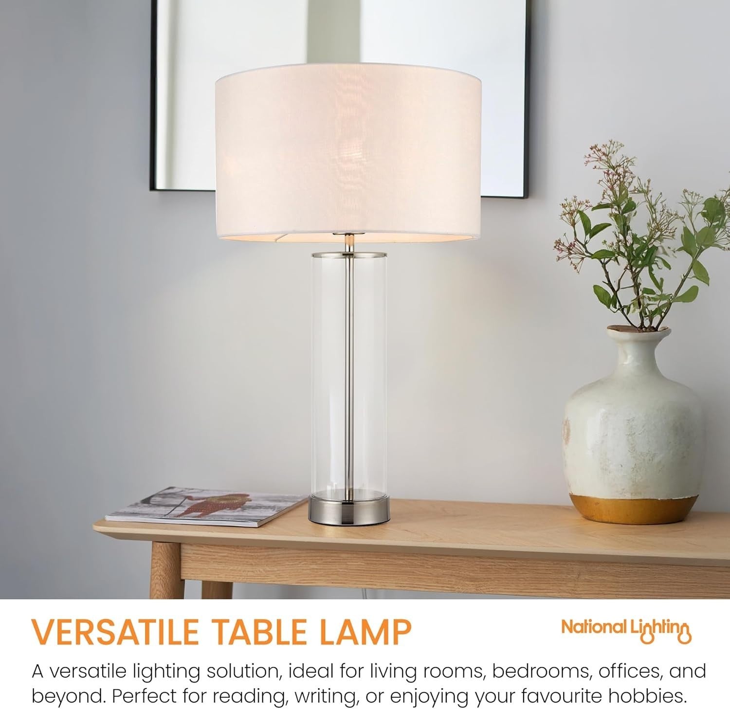Dimmable Touch Table Lamp with White Fabric Shade & Clear Glass Base