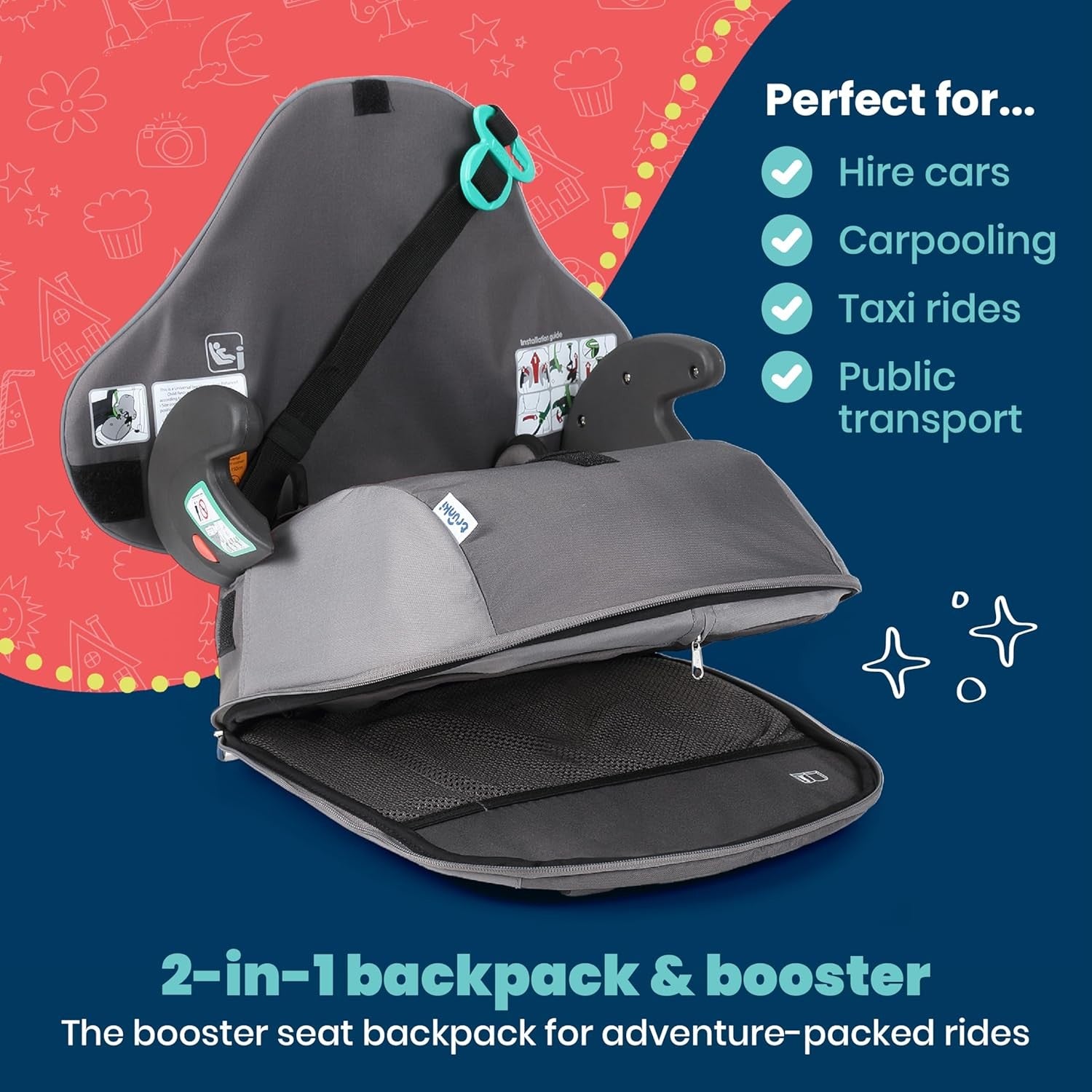 i-Size Travel Booster Car Seat Backpack 126–150cm Portable Foldable