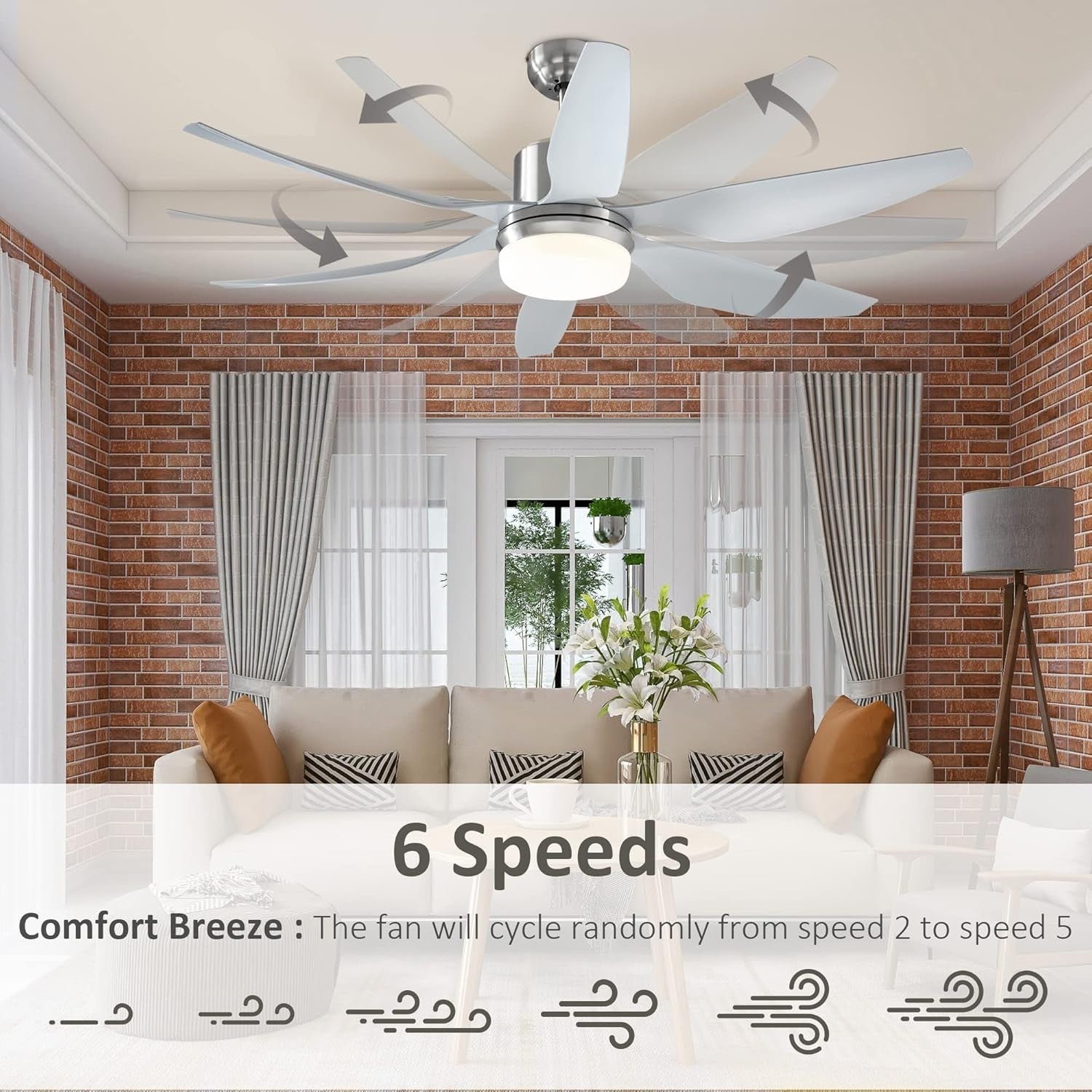 Reversible Ceiling Fan with LED Light, 6 Blades, Remote, Timer