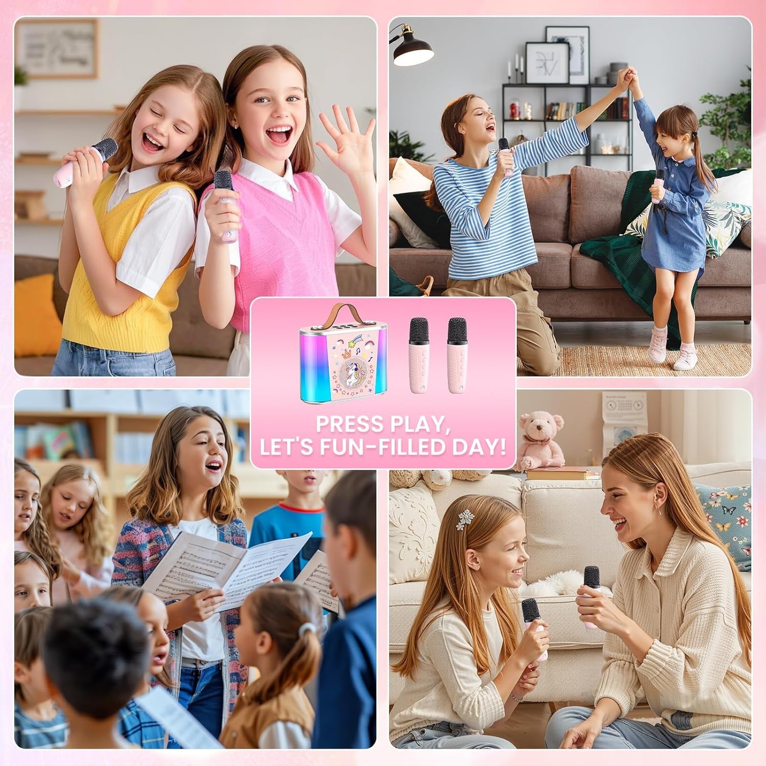 Mini Karaoke Machine Bluetooth 2 Wireless Mics LED Lights Kids Pink