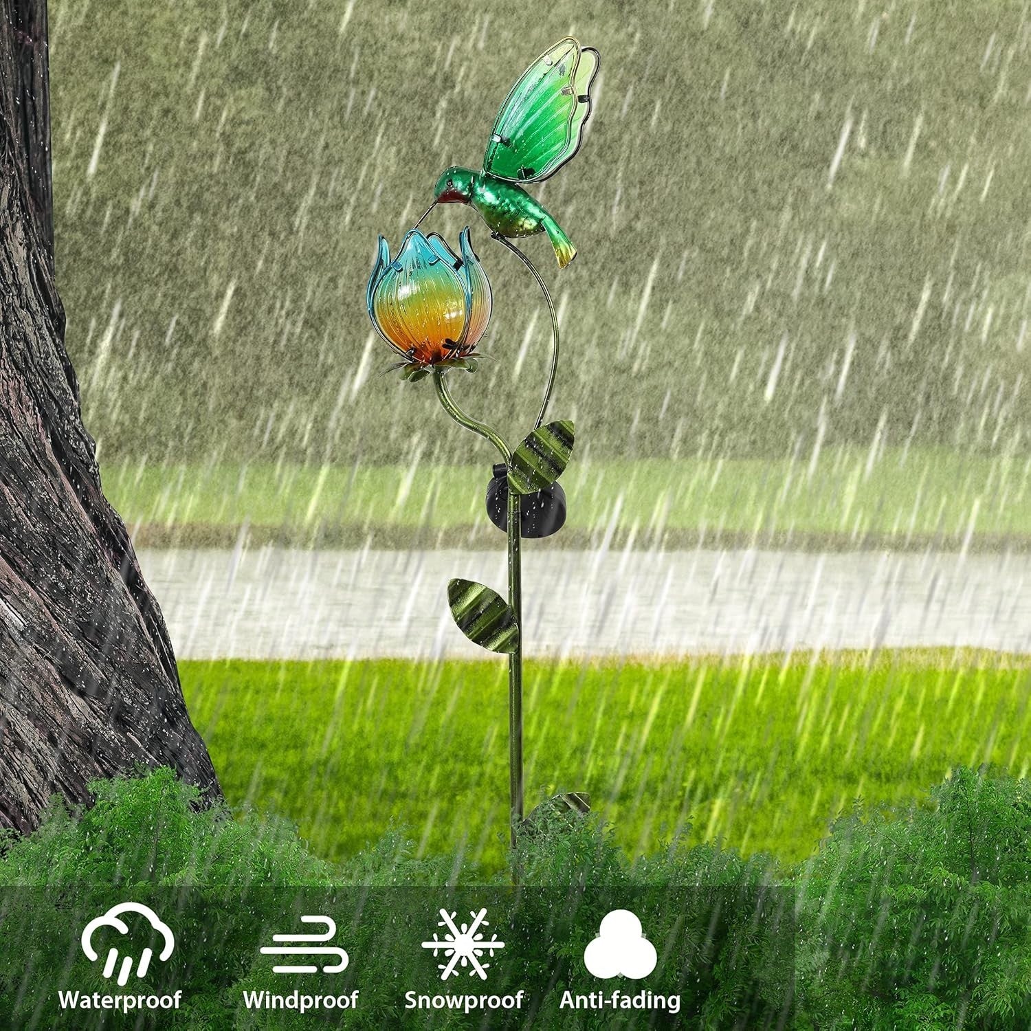 Solar Hummingbird & Tulip Garden Light Large Glass LED Outdoor Yard Stake 41in