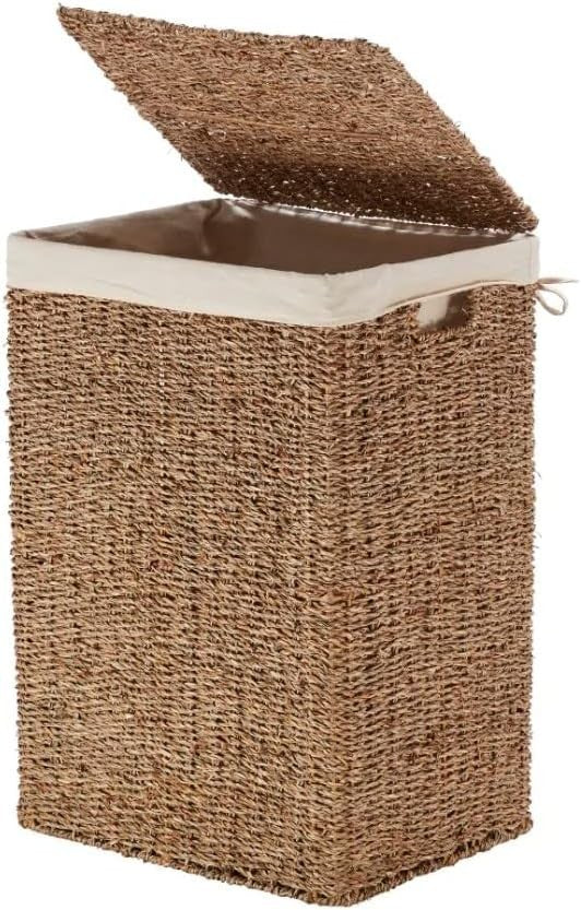 Seagrass Rattan Laundry Hamper with Lid 45x35x65cm Handwoven Basket Brown