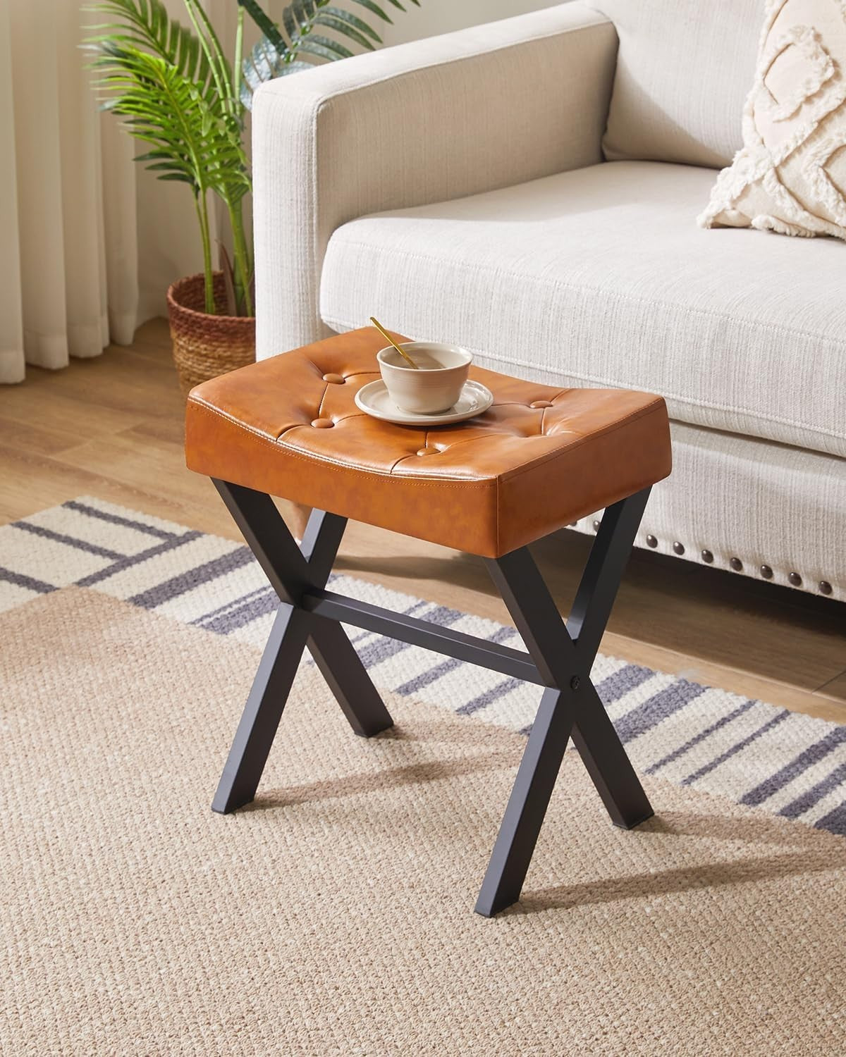 PU U-Shaped Vanity Stool with X-Leg – Square Makeup Footrest, Light Brown