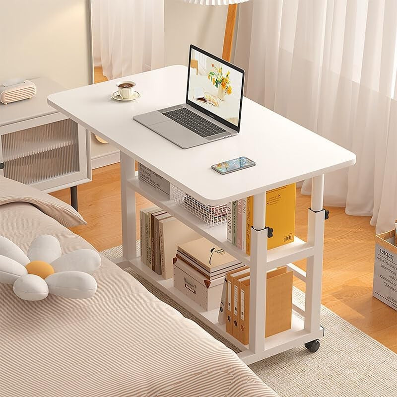 Mobile Computer Desk Height Adjustable Rolling Laptop Table with Shelves White