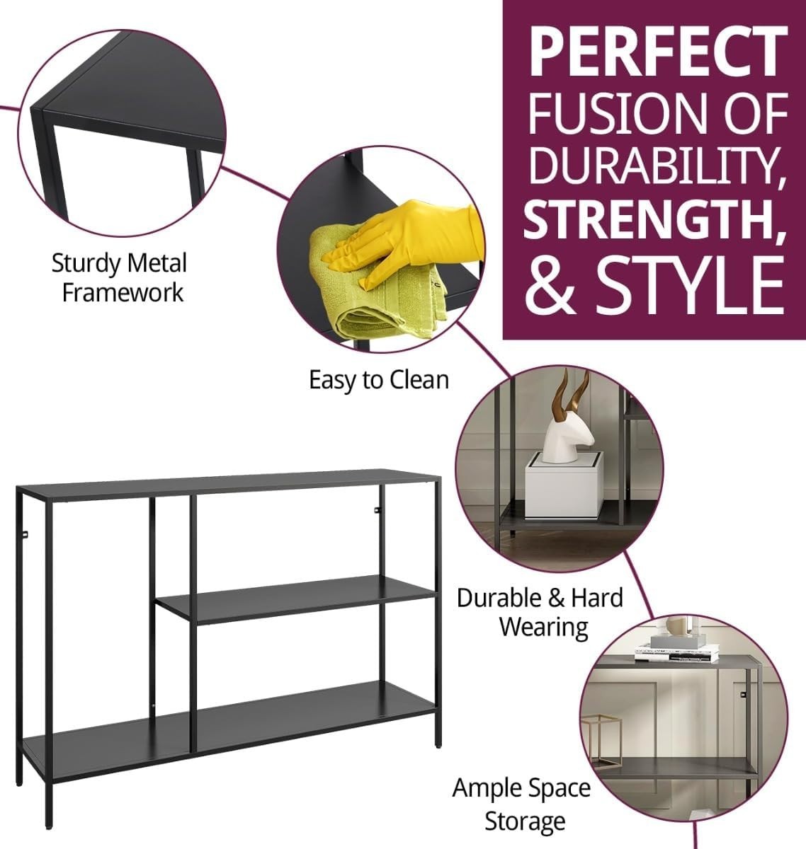 Slim Black Console Table with Storage Shelves – Modern Narrow Hallway Desk