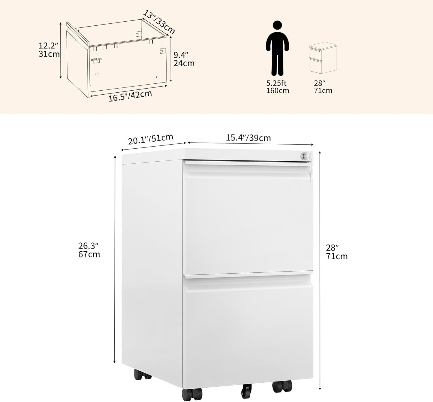 White Mobile Filing Cabinet 2 Drawer Lockable Anti Tip Under Desk