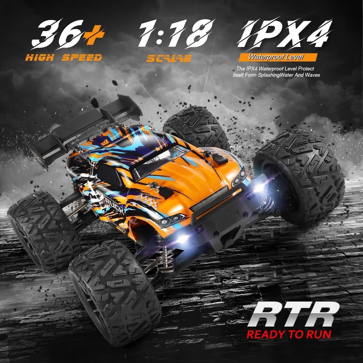 1:18 4WD RC Car 36KMH Waterproof Off-Road Monster Truck 2 Batteries 2.4GHz Gift