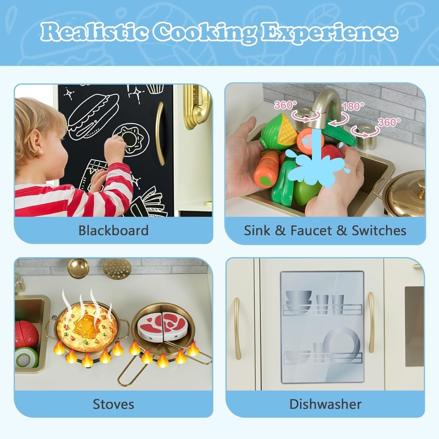 Kids Wooden Play Kitchen Blackboard Ice Maker Microwave Beige Toy