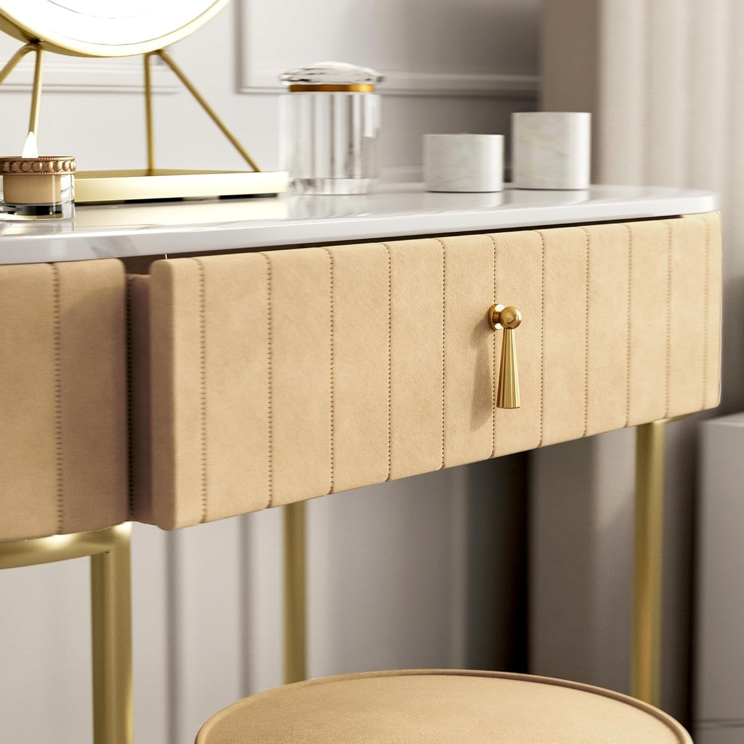 Luxury Cream Dressing Table Vanity Set LED Mirror Stool Gold Marble Effect