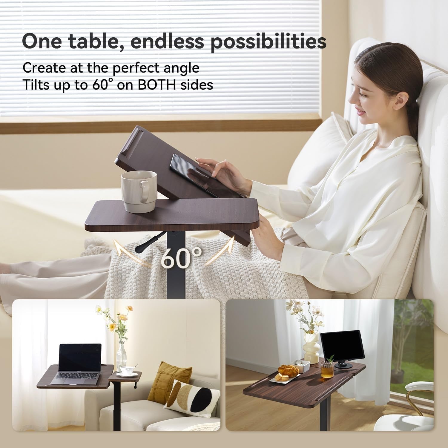 Overbed Table Height & Tilt Adjustable Laptop Desk with Wheels White