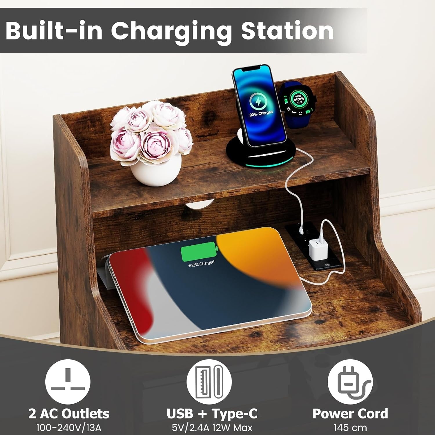 Rustic Brown LED Bedside Table with Charging Station, Drawers & RGB Shelf Unit