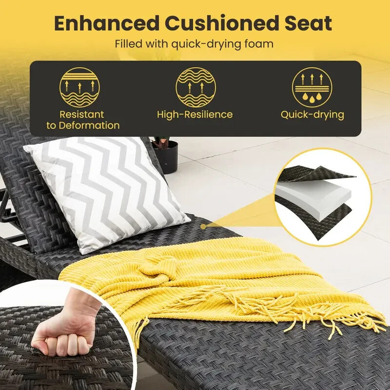 Folding Rattan Sun Lounger with Adjustable Backrest & Wheels – Outdoor Recliner