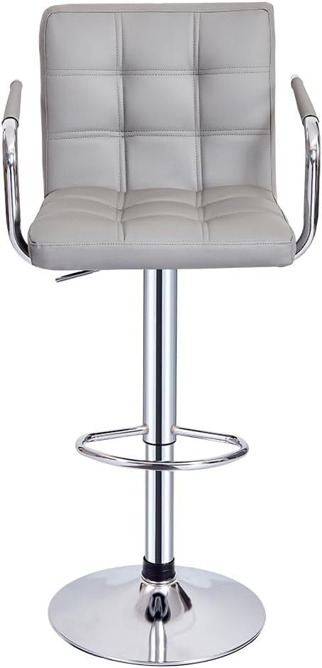 Grey Faux Leather Adjustable Swivel Bar Stool with Armrest