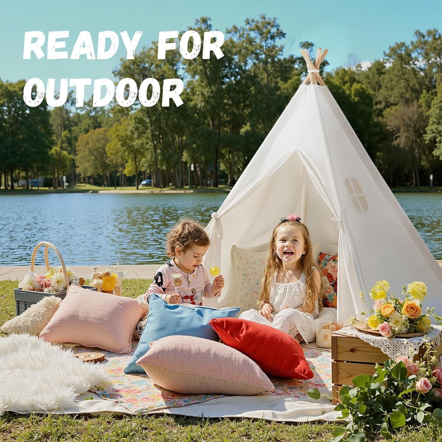 Kids Teepee Tent Cotton Large Indoor Outdoor Playhouse Mat Flags