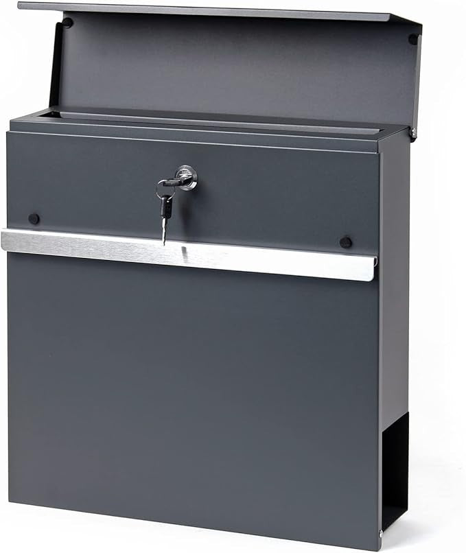 Wall Mounted Letter Box with Newspaper Holder Lockable Steel Mailbox Dark Grey