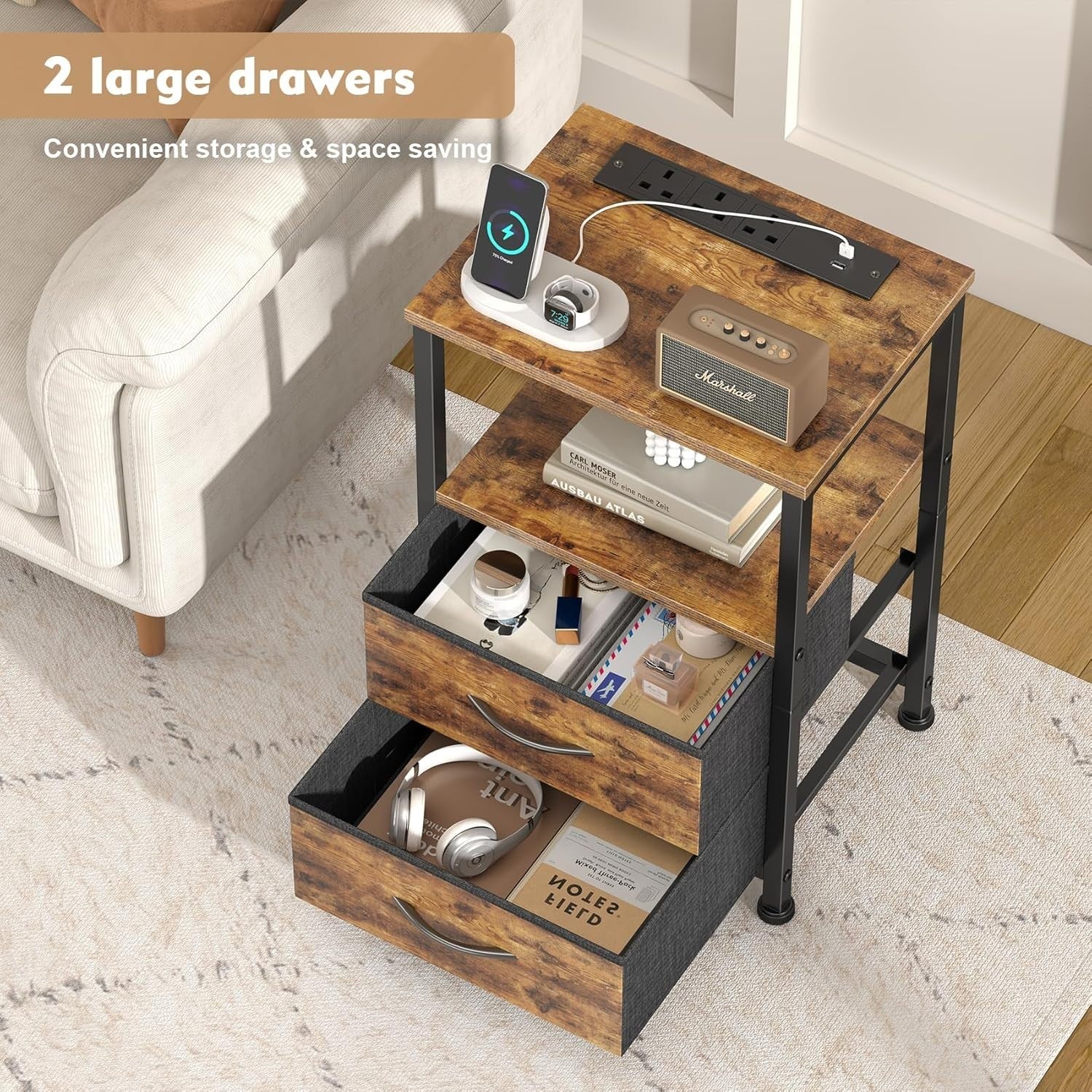 Set of 2 Rustic Industrial Bedside Tables with LED Lights & USB Charging Ports