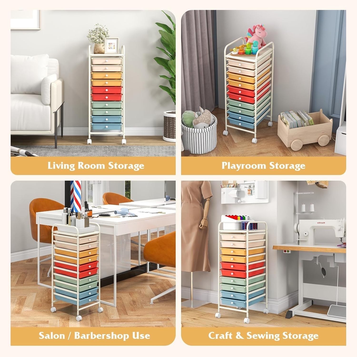 Macaron 10 Drawer Rolling Storage Trolley Craft Office Beauty Organizer