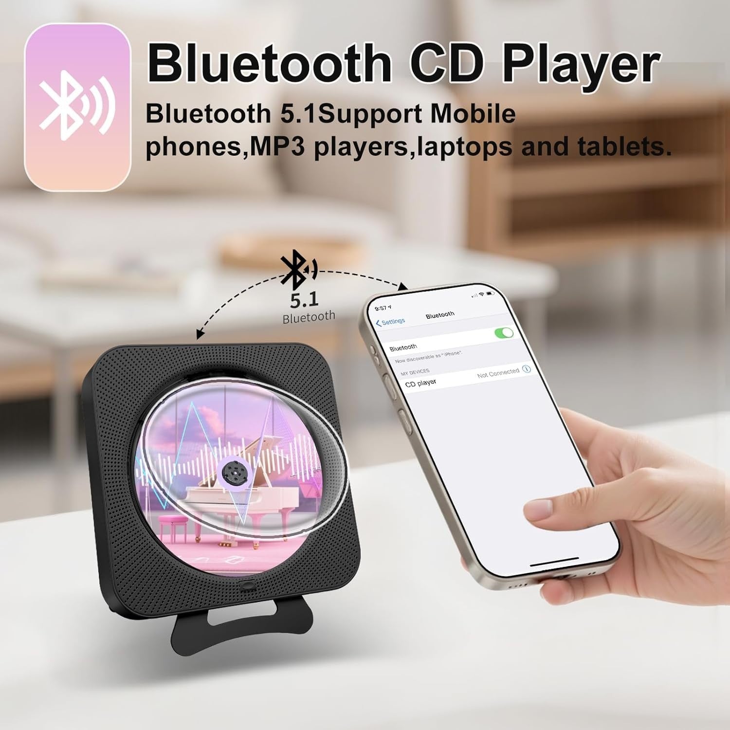 Bluetooth CD Player Boombox Wall Mount FM Radio USB AUX Remote Black