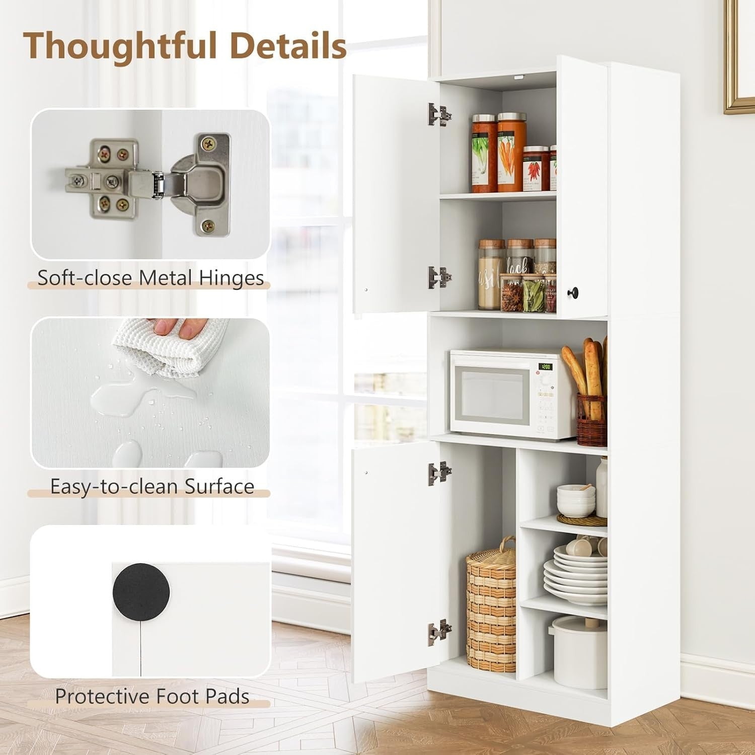 Tall Kitchen Cupboard White 3-Door Pantry Cabinet with Open Shelves
