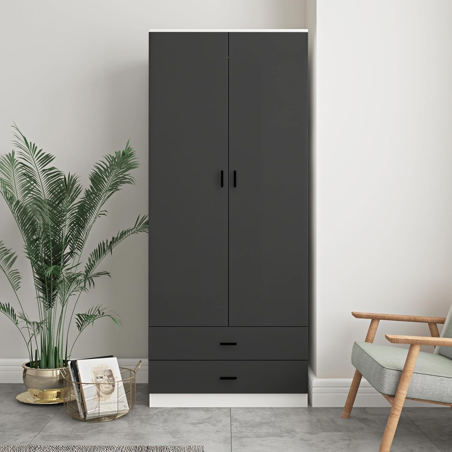 Modern 2 Door Wardrobe Black Drawers Hanging Rail Tall Storage Unit