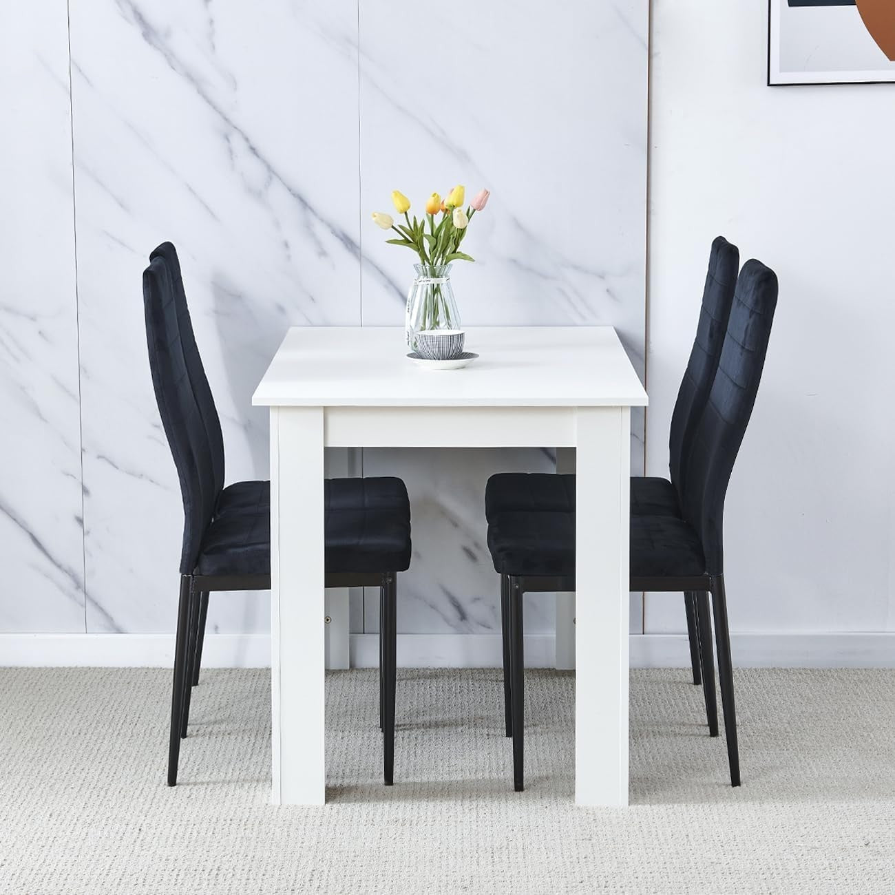 White Dining Set 5-Piece | Compact Kitchen Table & Velvet Chairs