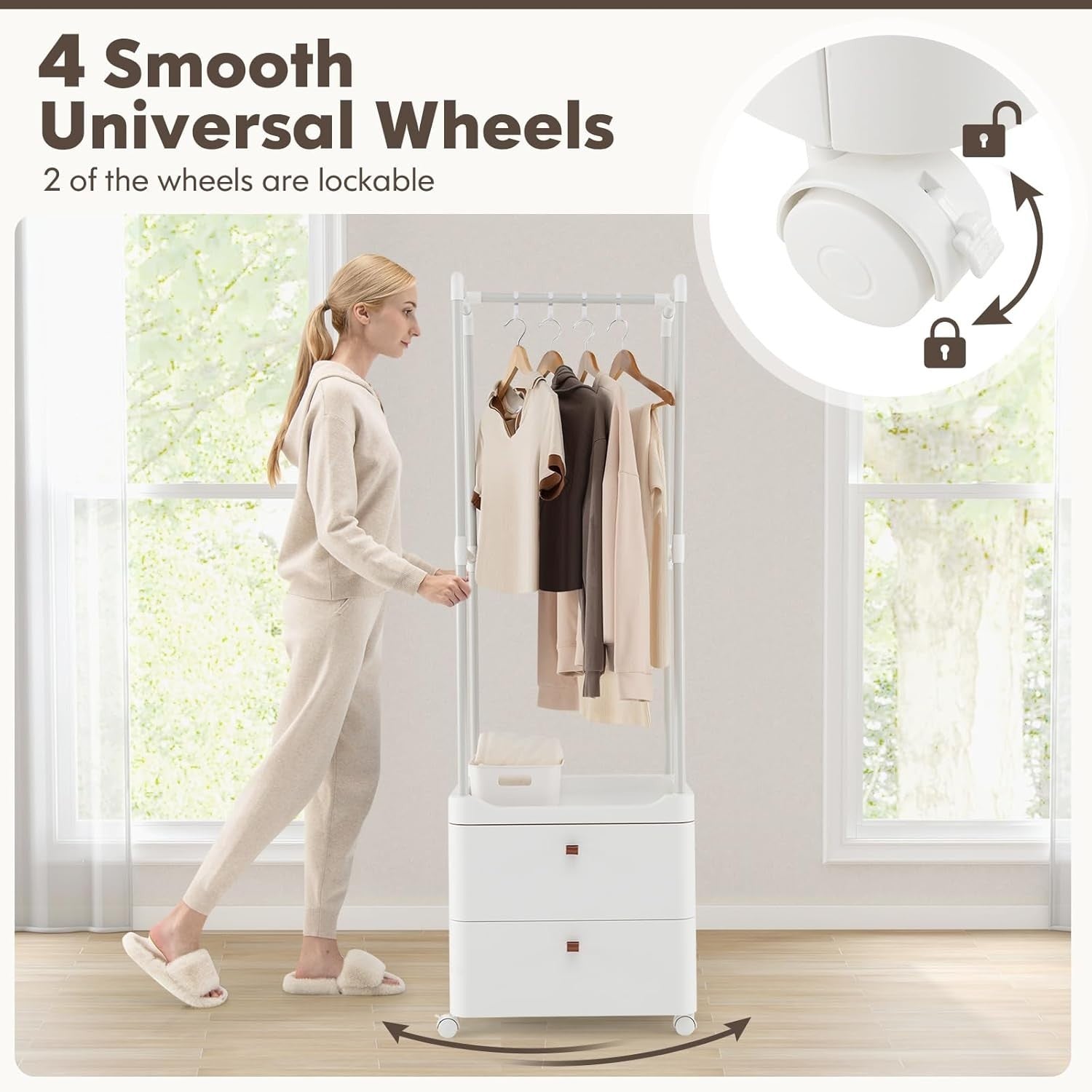 White Clothes Rail with Wheels Drawers & Hooks 160cm
