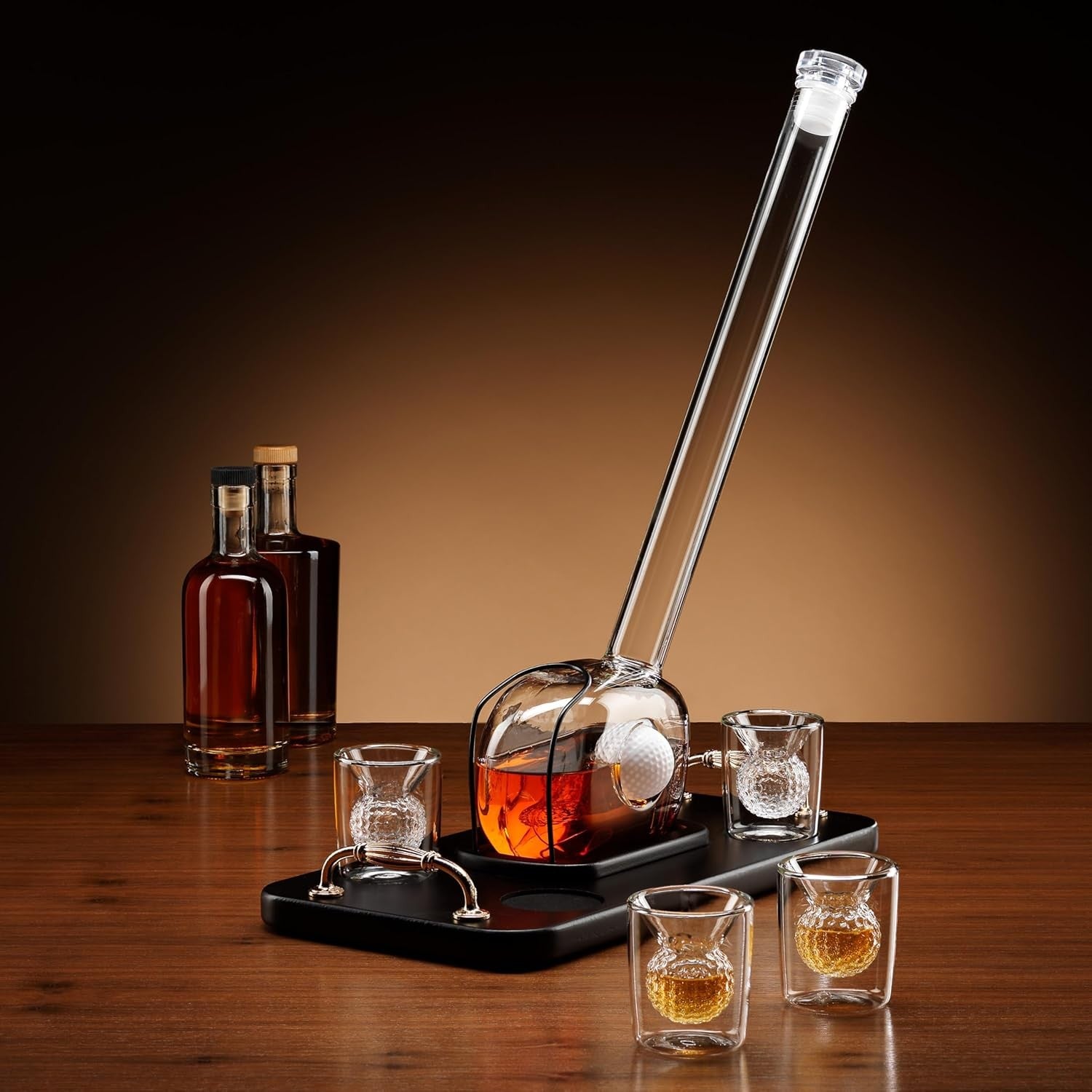 Luxury Golf Club Decanter Set with 4 Ball Glasses & Wood Base 750ml Gift