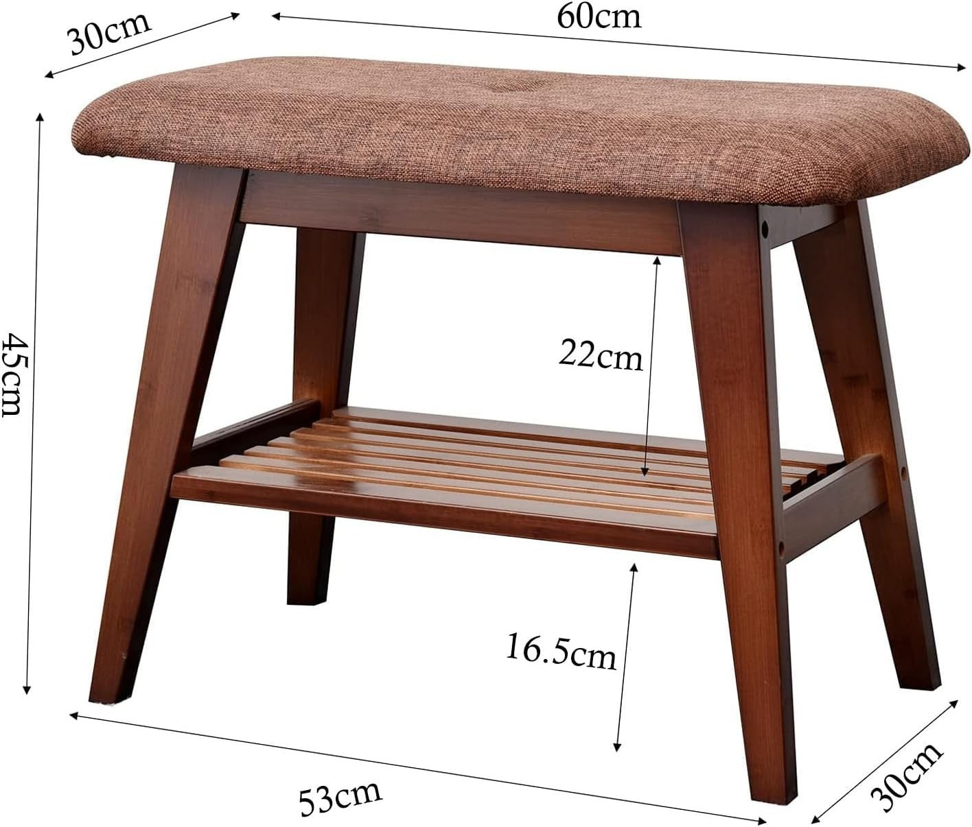 Durable Bamboo Shoe Bench with Cushion & 2-Tier Storage Rack 60cm Brown